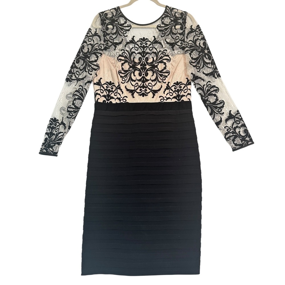 Betsy & Adam Dress Lace Damask Tiered Bandage Long Sleeve Black Nude 14 Cocktail